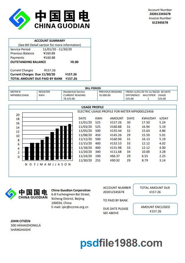 China Guodian Corporation Electricity Utility Bill